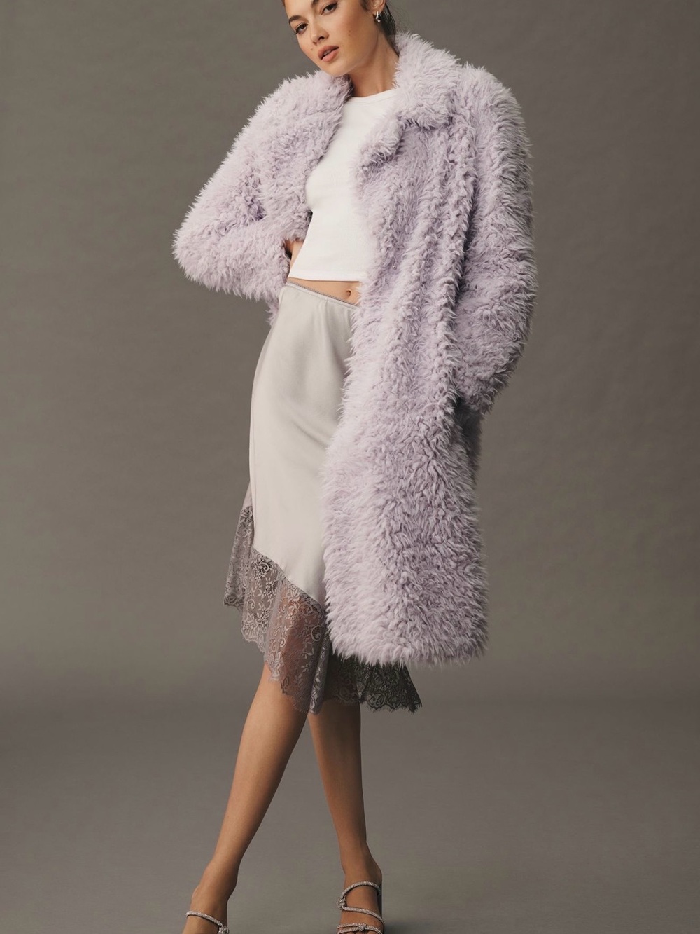 Anthropologie Lavender Lined Faux Fur Duster Jacket